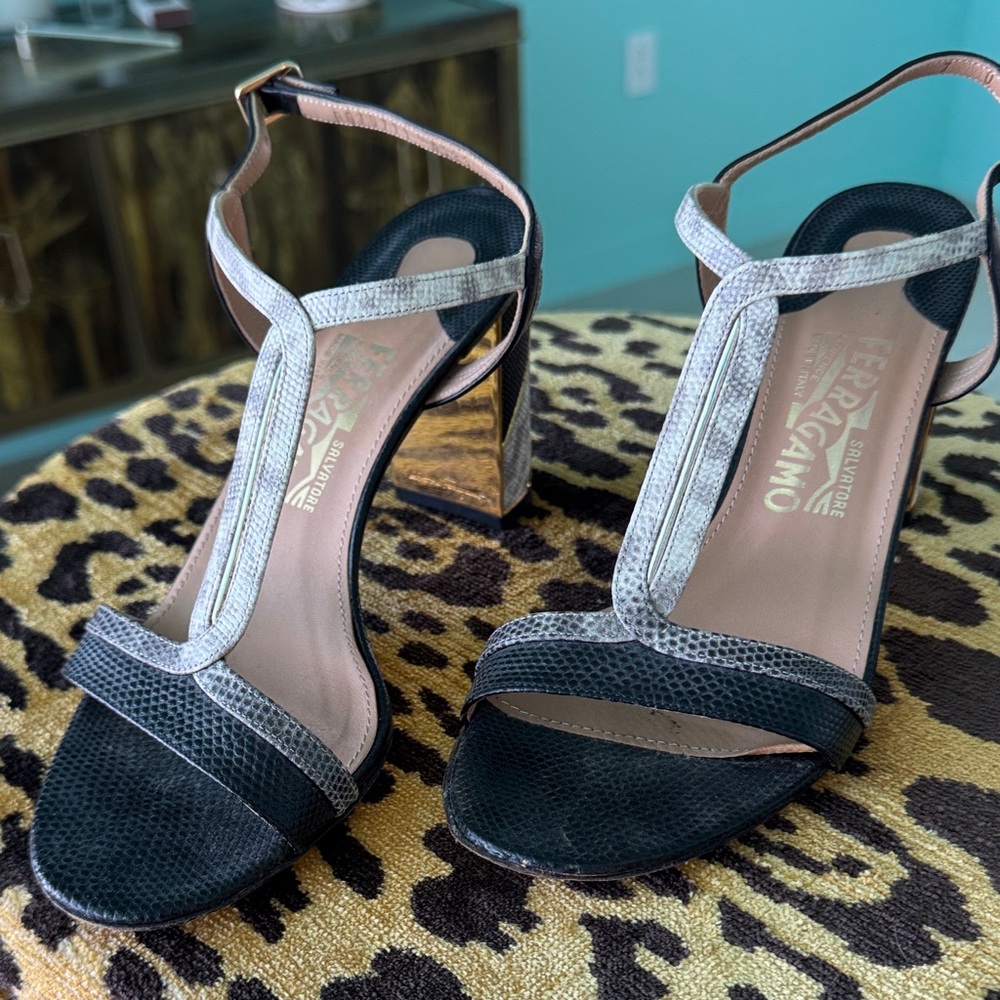 Salvatore Ferragamo Black and Cream Heeled Sandals